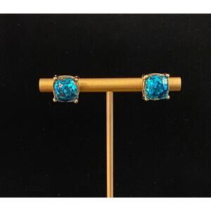 Aqua Blue Glitter Gold Studs Earrings NEW